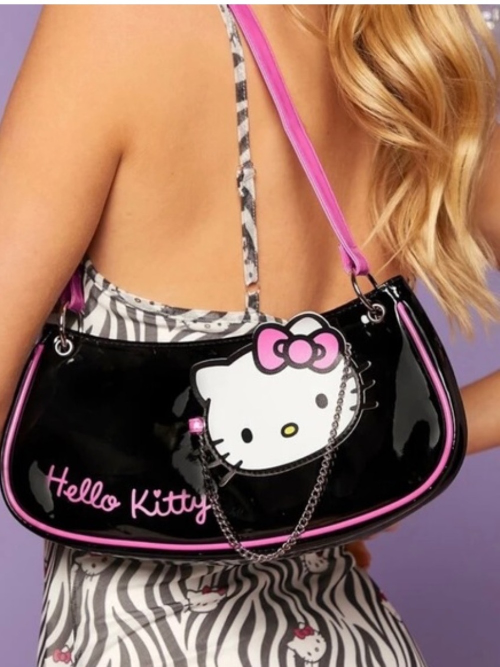 NWT Sanrio Hello Kitty Black and Pink Patent Shoulder Bag